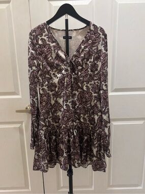 Floral Tie-Front Long Sleeve Peasant Top - Cream & Brown